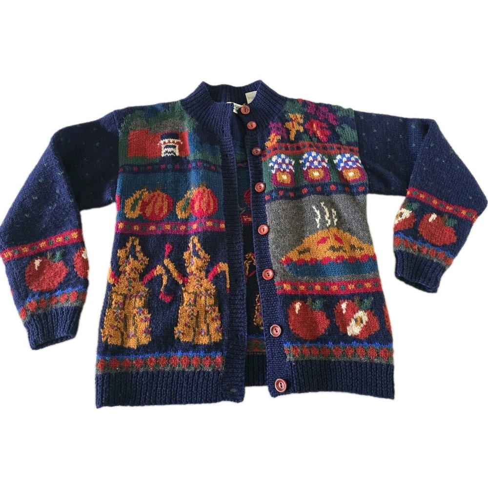 Women Vintage Hand Knit Wool Cardigan Sweater Autumn Fall Patchwork Apple Pie XS